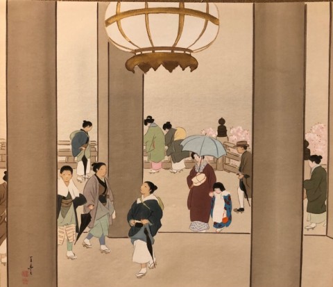 Kyorakucho,The bustle of Kiyomizu spring　Silk painting