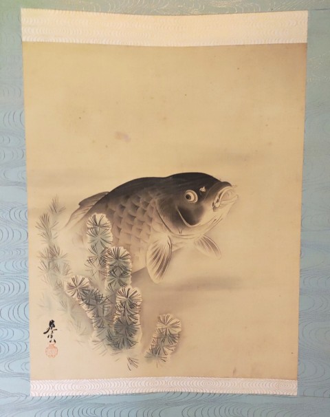 Hanging scroll of green algae and carp