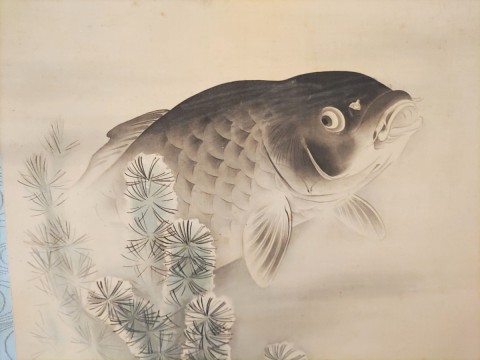Hanging scroll of green algae and carp