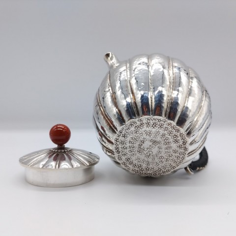 Sterling silver teapot with red round jeweled lid