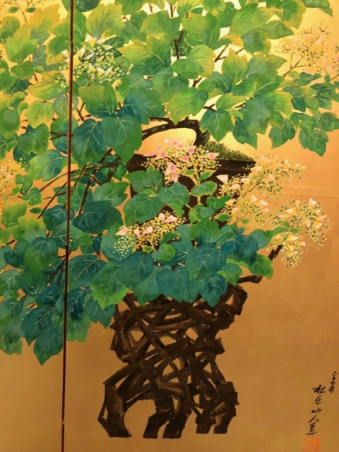 Two-fold folding screen 　Bonsai Gaku-hydrangea Figure