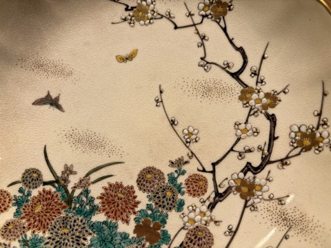 Satsuma ware dish, peony, flower and bird design