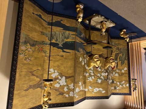 Folding screen, six-panel, depicting pine trees , birds and flowers.